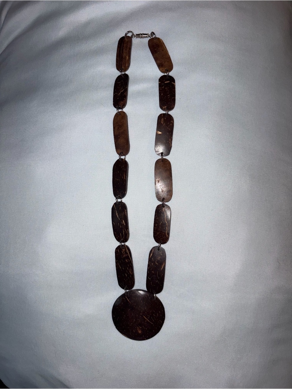 Coconut Shell Statement Necklace Brown Rectangular Link Pendant Boho